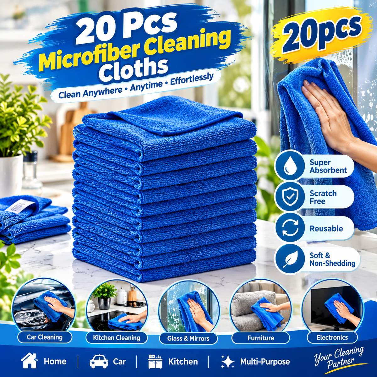 20 Pcs Blue Microfiber Cleaning Cloth 30×30cm – Super Absorbent Multi-Purpose Towels for Car, Home & Kitchen