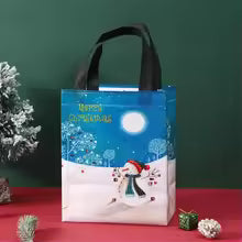 Christmas Gift Bag Blue Snowman Winter Wonderland Reusable Holiday Shopping Tote Bag