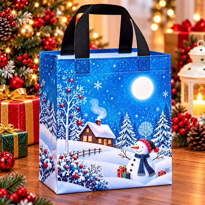 Christmas Gift Bag Blue Snowman Winter Wonderland Reusable Holiday Shopping Tote Bag