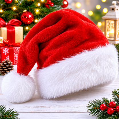 Fluffy Red Santa Hat with White Plush Trim and Pom Pom Christmas Party Costume Accessory