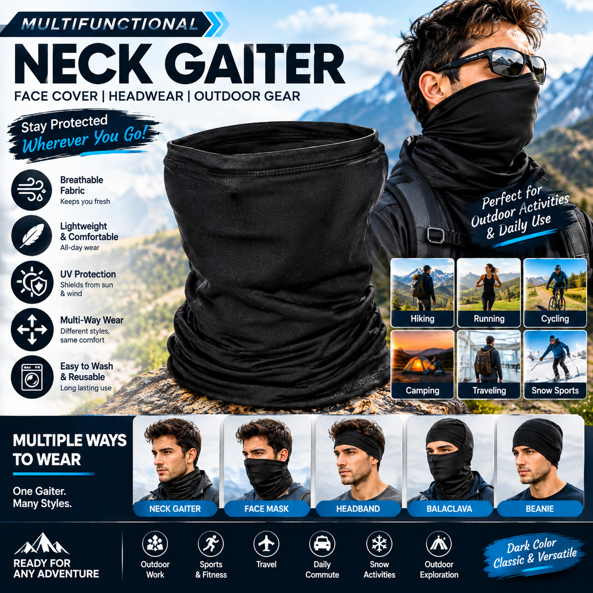 Black Neck Gaiter Face Covering | Multifunctional Outdoor Headwear & Face Mask