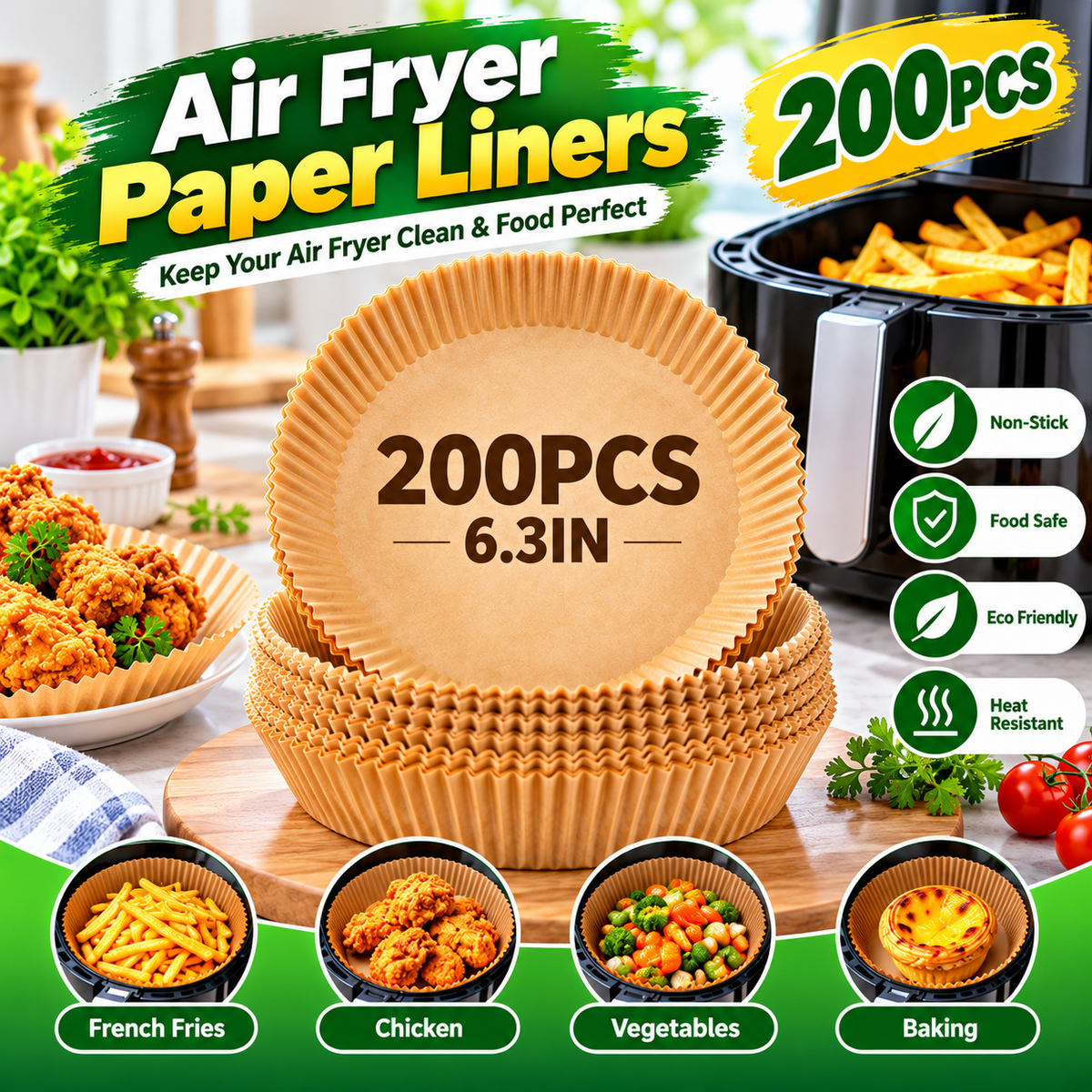 200 Pcs Disposable Air Fryer Paper Liners – Round & Square Baking Basket Liners