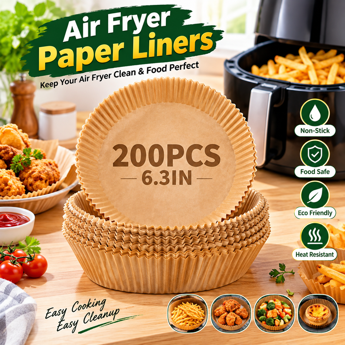 200 Pcs Disposable Air Fryer Paper Liners – Round & Square Baking Basket Liners