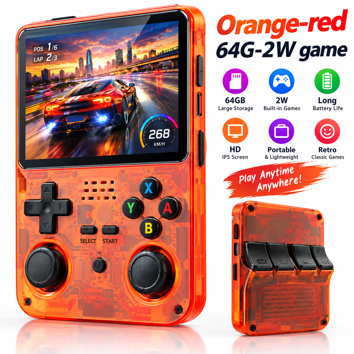 64GB Retro Handheld Game Console – Portable 2W Gaming System with Built-In Games, Orange-Red