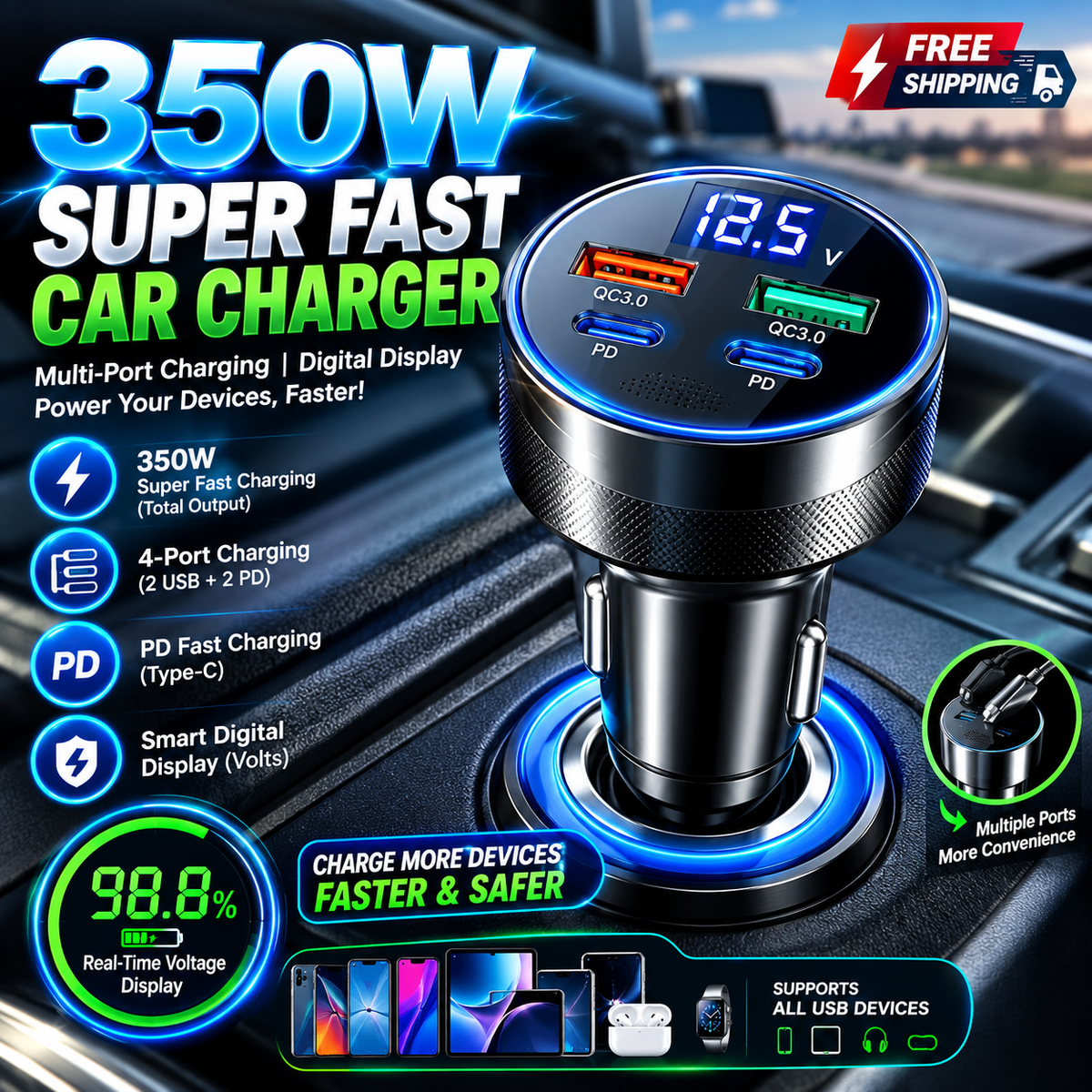 350W Super Fast Car Charger with Digital Display | Multi-Port USB Fast Charging Adapter