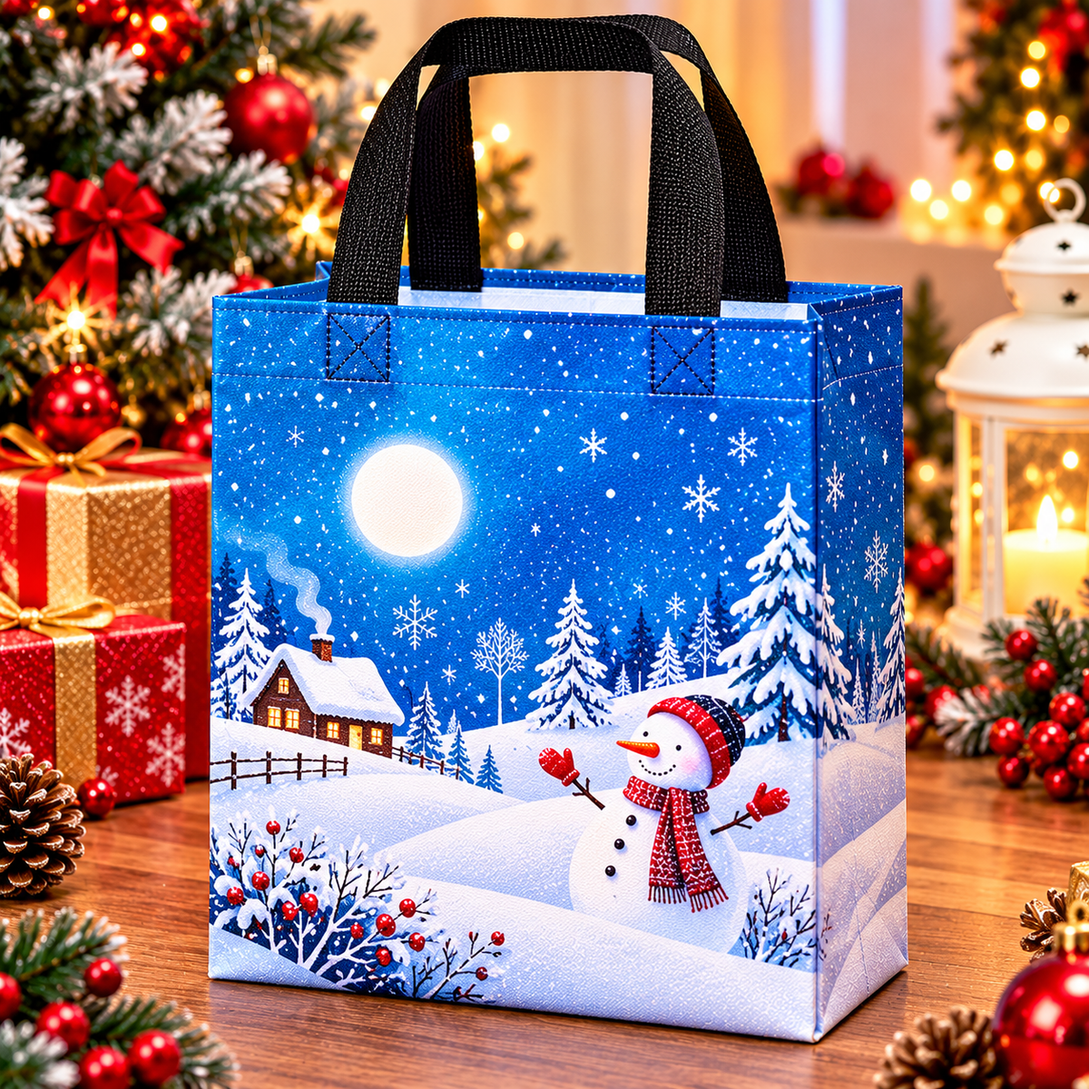 Christmas Gift Bag Blue Snowman Winter Wonderland Reusable Holiday Shopping Tote Bag